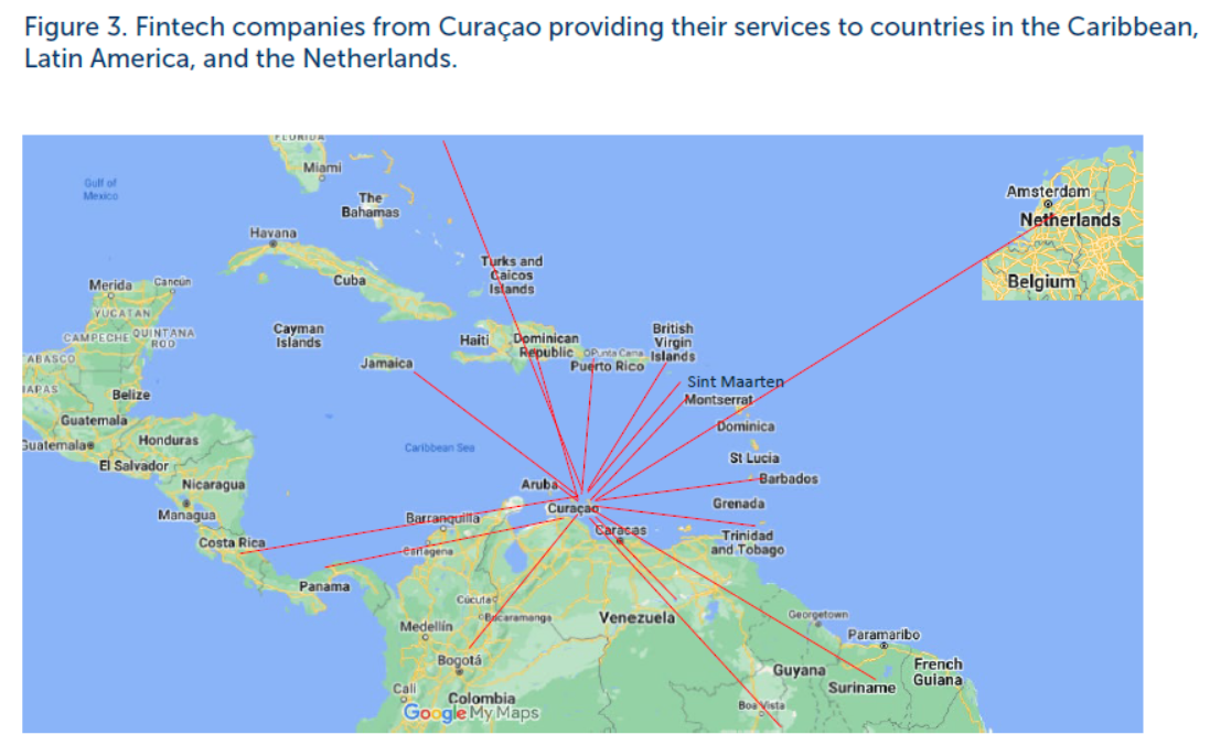 Figure 3. Fintech companies from Curaçao providing their services to countries in the Caribbean, Latin America, and the Netherlands.