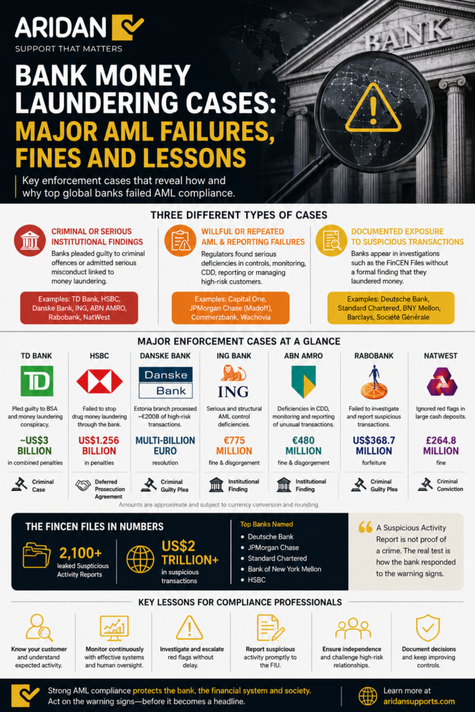 Major bank money laundering and AML enforcement cases, highlighting compliance failures, suspicious activity reporting, and regulatory penalties.